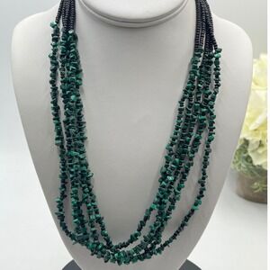 Vintage Multi-Strand Natural Malachite Chip Black Bead Necklace‎ Statement 925